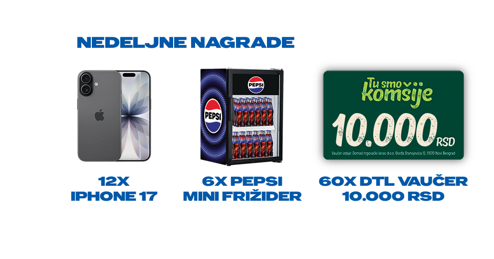Nedeljne nagrade: 12x iPhone 17, 6x Pepsi mini frižider, 60x DTL vaučer 10.000 RSD